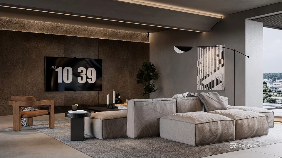 Modern Living Room Interior Design With Gray Sofa Large TV Geometric Artwork And Floor Lamp 3d model 