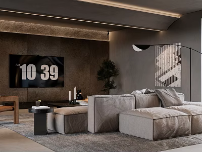Modern Living Room Interior Design With Gray Sofa Large TV Geometric Artwork And Floor Lamp 3d model
