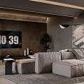 Modern Living Room Interior Design With Gray Sofa Large TV Geometric Artwork And Floor Lamp