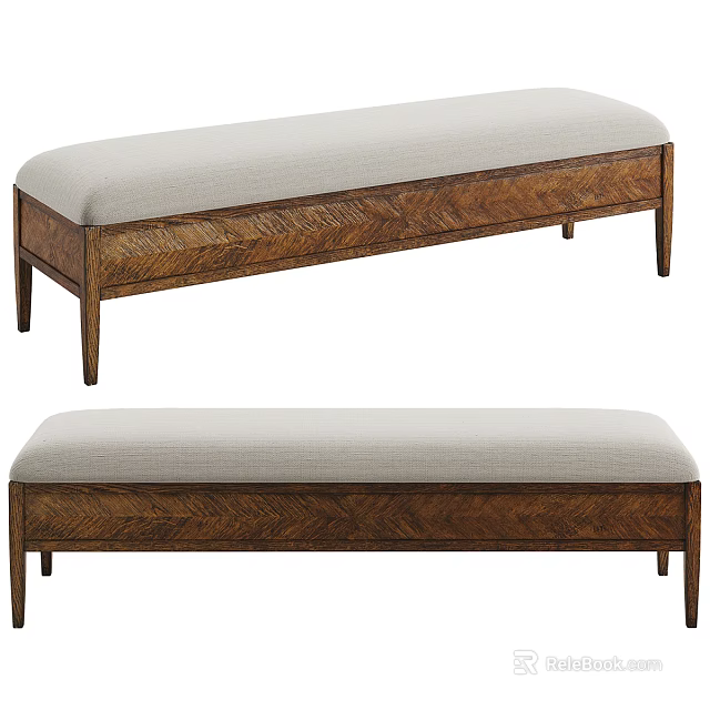 Two Piece Wooden Bench With Herringbone Pattern And Light Upholstered Seat 3d model