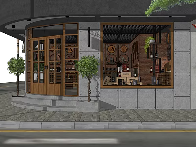 Specialty Store Exterior Featuring Glass Door Display Window Brick Wall and Wine Barrels 3d model