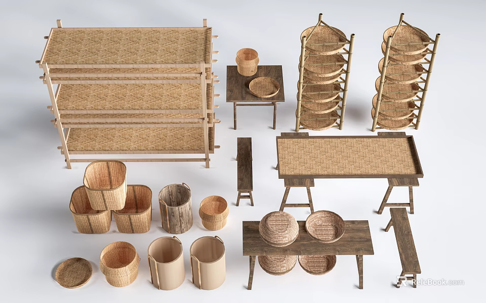 Garden Decor Accessories With Wicker Shelves Baskets Trays And Stools 3d model 