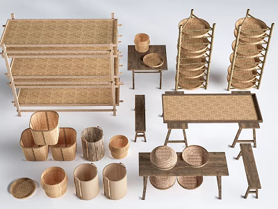 Garden Decor Accessories With Wicker Shelves Baskets Trays And Stools 3d model
