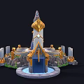 Cartoon Scene With Central Blue Lightning Rock Golden Pillars Circular Pools Steps And Green Plants