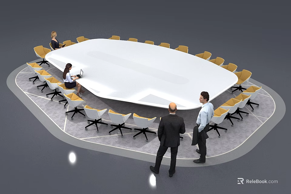 Spacious White Conference Table With Yellow Chairs And People In Meeting Room 3d model 