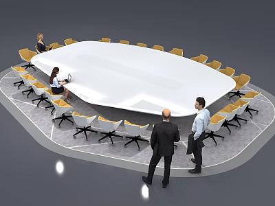 Spacious White Conference Table With Yellow Chairs And People In Meeting Room 3d model