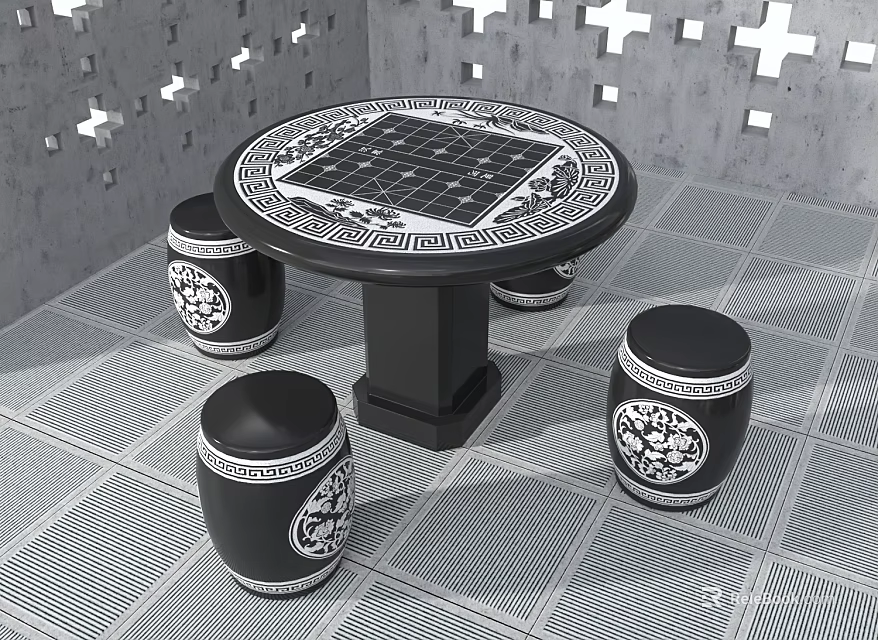 Round Outdoor Table with Black White Patterned Top and Four Patterned Stools in Gray Patio 3d model