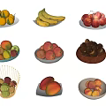 Assorted Fresh Fruits in Ceramic Bowls and Wire Basket Featuring Bananas Apples Tomatoes and Plums
