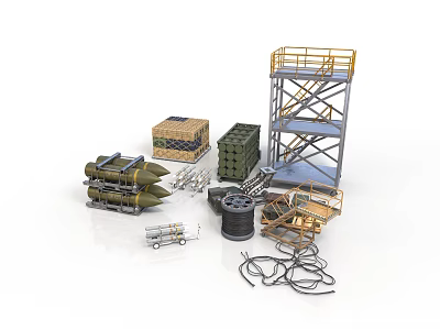 Military Scene Construction Components With Bombs Crates Scaffolding Tower And Cables 3d model