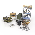 Military Scene Construction Components With Bombs Crates Scaffolding Tower And Cables