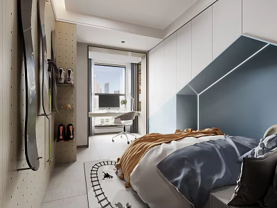 Modern Kids Bedroom Interior With Track Rug And Skateboard Decor 3d model