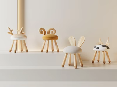 Cute Animal Shaped Wooden Children's Chairs With White Cushions For Kids Room 3d model