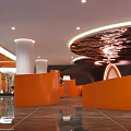 Modern Luxury Lobby Front Desk Reception with Orange Columns Mirrored Ceiling and Marble Floor Lighting