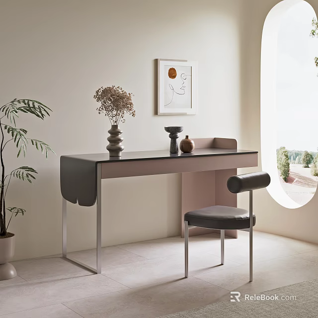 Modern Desk With Metal Frame Decorative Vases Artwork And Natural Light 3d model 