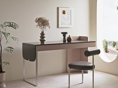 Modern Desk With Metal Frame Decorative Vases Artwork And Natural Light 3d model
