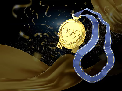 Golden Medal with Blue Ribbon Decorative Golden Ribbons and Sparkling Effects on Black Background 3d model