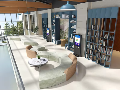 Library Art Interior With Blue Bookshelves And Comfortable Seating 3d model