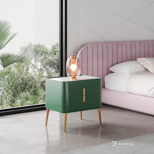 Modern Green Nightstand with Gold Legs and Glass Table Lamp beside Pink Bed and Window 3d model 