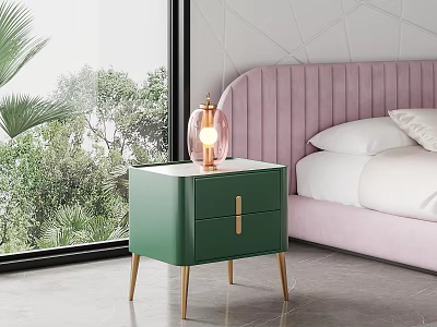 Modern Green Nightstand with Gold Legs and Glass Table Lamp beside Pink Bed and Window 3d model