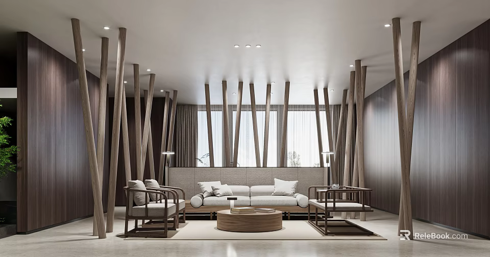 Modern Office Interior Design With Wooden Decor Sofa Coffee Table And Windows 3d model