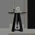 Modern Gray Side Table With Round Top Geometric Base And Reed Diffuser Clock Book