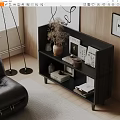 Modern Black Decorative Cabinet With Dried Plant Vase Books Frames And Wooden Wall