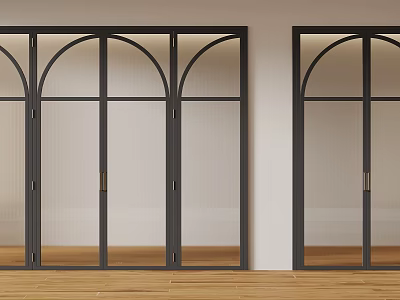 Stylish Black Double Doors With Arched Glass Panels Metal Handles White Walls And Wooden Flooring 3d model