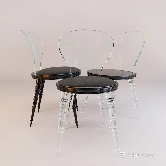 Set of Three Elegant Modern Accent Chairs With Curved Transparent Acrylic Backrest And Black Seat 3d model 