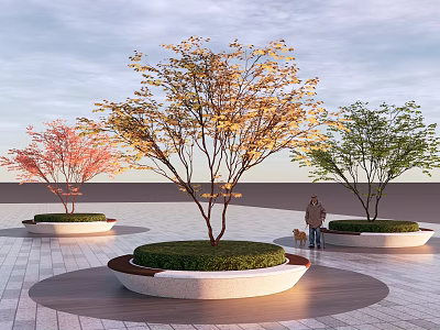Circular Tree Planter with Colorful Leaf Trees in Urban Paving Area with Person and Dog 3d model