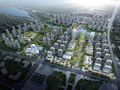 Aerial Urban Planning View With High Rise Buildings Parks Lake And Green Spaces 3d model