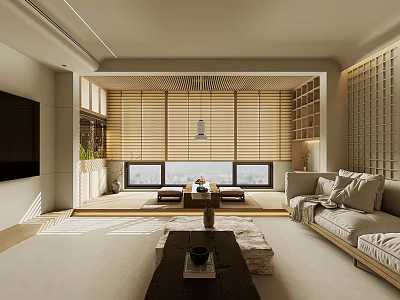 Warm Japanese Style Living And Dining Room With Comfortable Tatami Leisure Area Interior Design 3d model