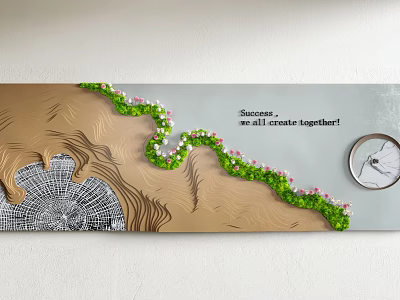 Wall Decor Featuring Brown Terrain Pattern Green Vines Pink Flowers Gray Text And Round Clock 3d model