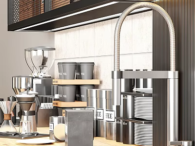 Modern Kitchen With Stainless Steel Appliances Coffee Machine Storage Containers And Dishes 3d model