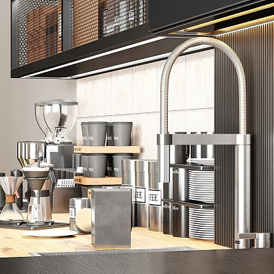 Modern Kitchen With Stainless Steel Appliances Coffee Machine Storage Containers And Dishes 3d model