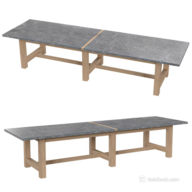 Long Rectangular Modern Dining Table With Grey Stone Top And Light Wood Legs 3d model