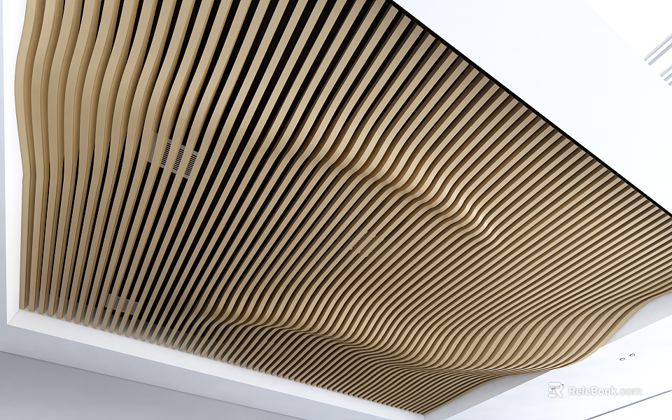 Modern Wavy Ceiling Design With Light Wood And Black Slats Layered Linear Pattern 3d model 