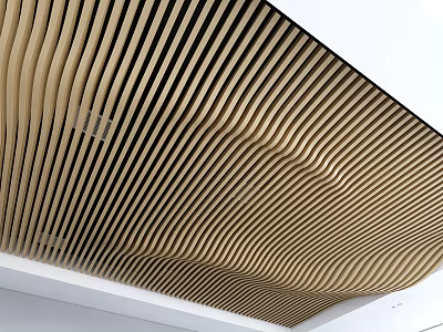 Modern Wavy Ceiling Design With Light Wood And Black Slats Layered Linear Pattern 3d model