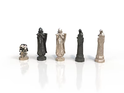Ornate Chess Pieces Collection With Silver And Black Metal Designs On White Background 3d model