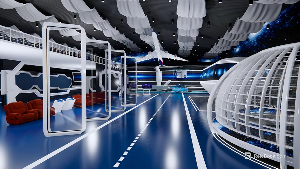 Futuristic Tech Interior Design With Blue Floor White Structure And Airplane Model 3d model 