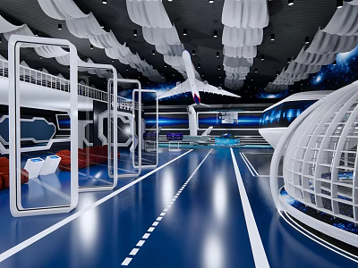 Futuristic Tech Interior Design With Blue Floor White Structure And Airplane Model 3d model