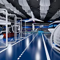 Futuristic Tech Interior Design With Blue Floor White Structure And Airplane Model 3d model