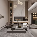 Modern Duplex Living Room Design With High Ceiling Pendant Lights Sofa And Stone Feature Wall