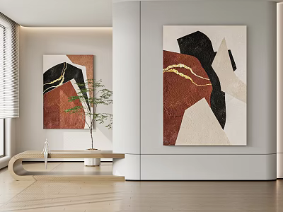 Modern Abstract Paintings With Red Black Beige Tones And Golden Lines For Interior Wall Decor 3d model