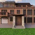 Detached Villa Exterior Design With Brown Double Doors Stone Walls Front Porch And Green Lawn