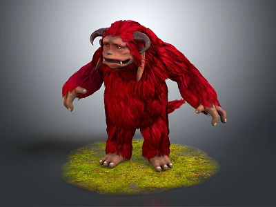 Game Movie Character Red Furry Monster With Horns And Tusks Standing On Green Grass 3d model