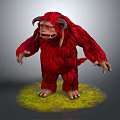 Game Movie Character Red Furry Monster With Horns And Tusks Standing On Green Grass