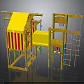 Wooden Children's Play Building With Yellow Roof Red White Stripes Climbing Net And Ropes