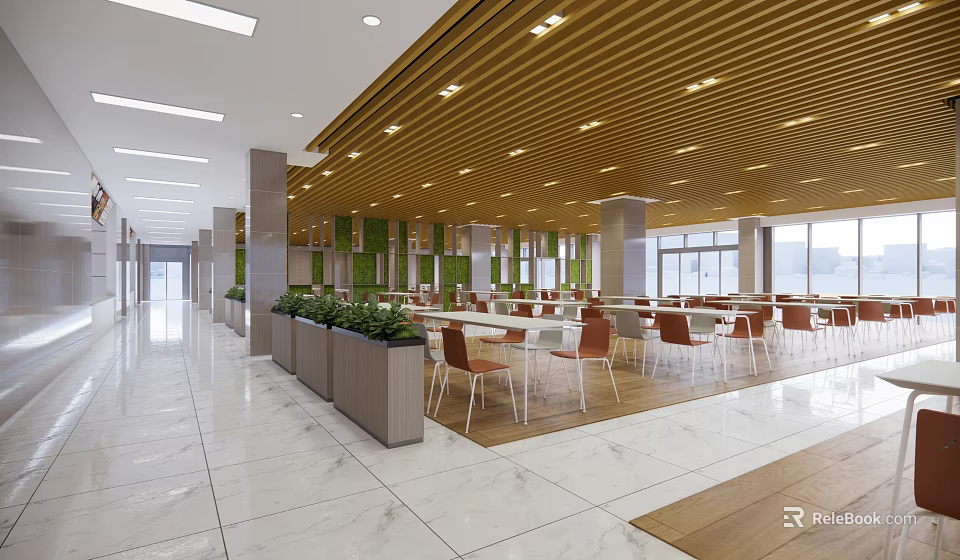 Modern Dining Hall Interior With Wooden Ceiling Marble Floor White Tables And Orange Chairs 3d model 