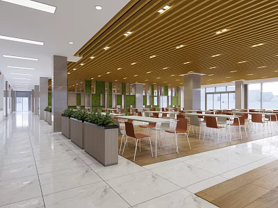 Modern Dining Hall Interior With Wooden Ceiling Marble Floor White Tables And Orange Chairs 3d model