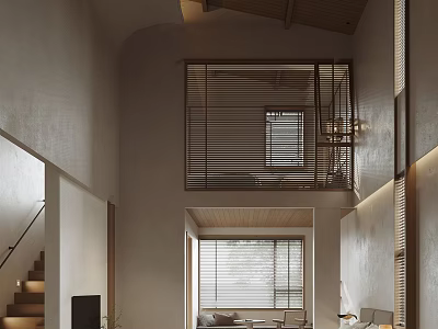 Modern Hotel Guest Room With High Ceiling Loft Design Wooden Accents And Sliding Blinds 3d model